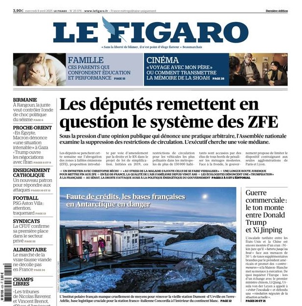 Parution en couverture du journal Le Figaro du 9 avril 2025.